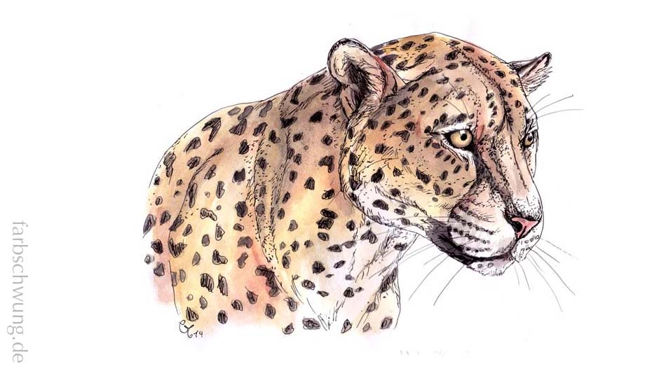 DIN A4 Zeichnung Leopard mit Aquarellfarben eingefärbt